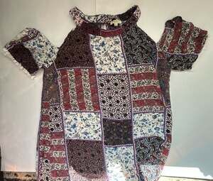 Kori America Patchwork Dress Size L Floral Paisley Boho Cold Shoulder
